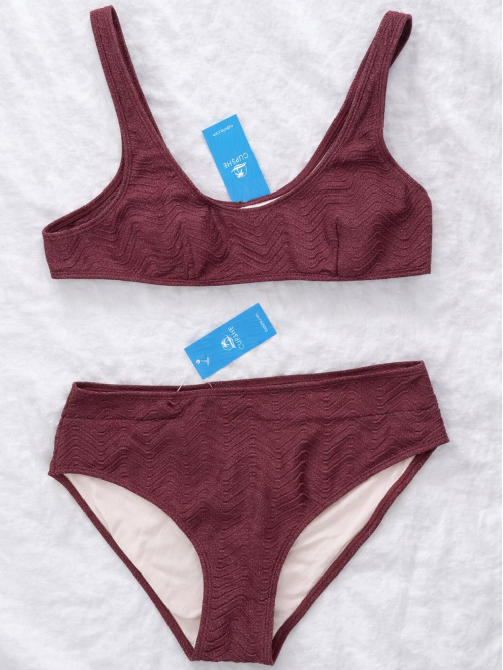 Cupshe Burgundy Textured Bikini Set Medium NWT Two Piece High Cut Swimwear